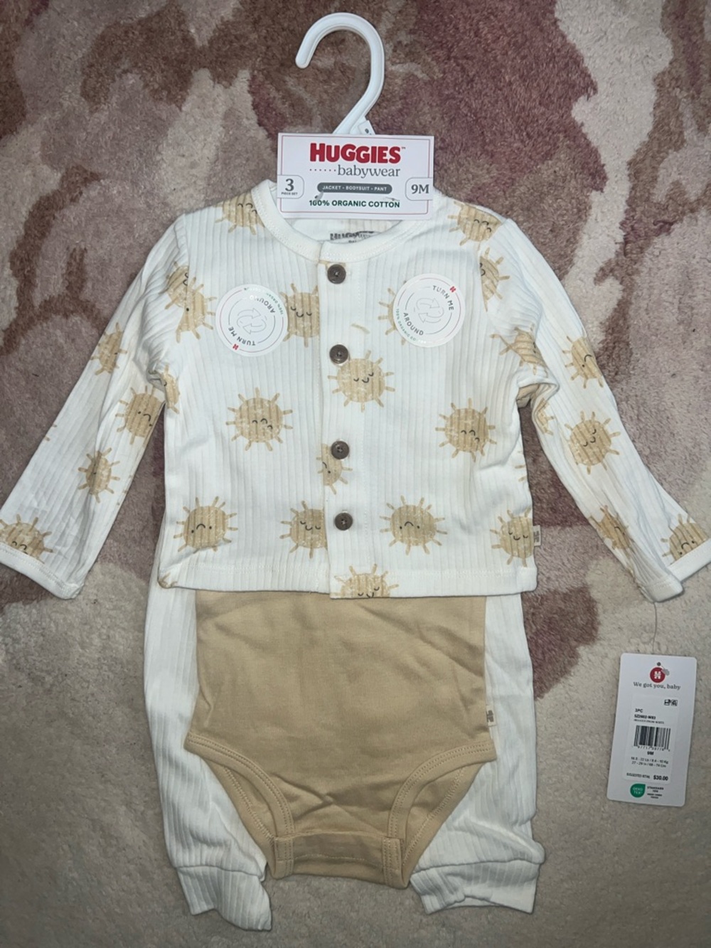 NEW Huggies Babywear Organic Cotton Sun Print 3pc Set, Gender Neutral